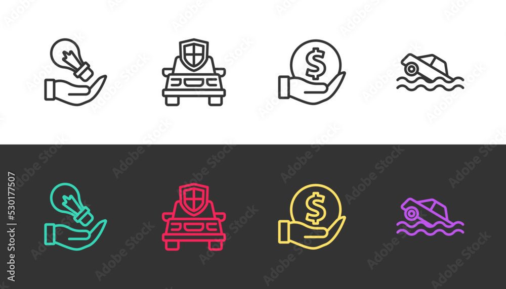Set line Light bulb in hand, Car insurance, Money with shield and Flood car on black and white. Vector