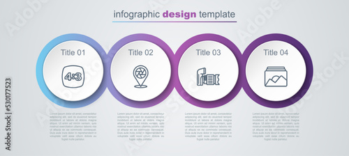 Set line Photo frame 4, Camera shutter, camera and . Business infographic template. Vector