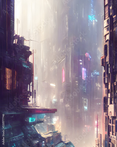 A 3d digital render of a cyberpunk city environment with pink  blue and purple lights.