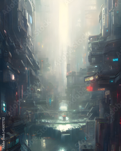 A 3d digital render of a cyberpunk city environment with a river running through it.
