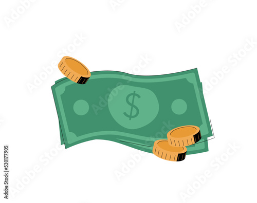 Money icon Dollar banknotes, currency. Bank notes, finance composition. Paper bills with gold coins. Salary revenue