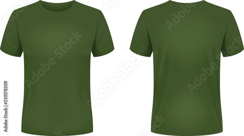 Blank khaki t-shirt template. Front and back views. Vector illustration.
