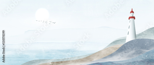 Landscape art background in watercolor style with rocks, hills, sea and lighthouse. Banner in cool blue colors for decor, print, interior design, wallpaper, wall art, poster.
