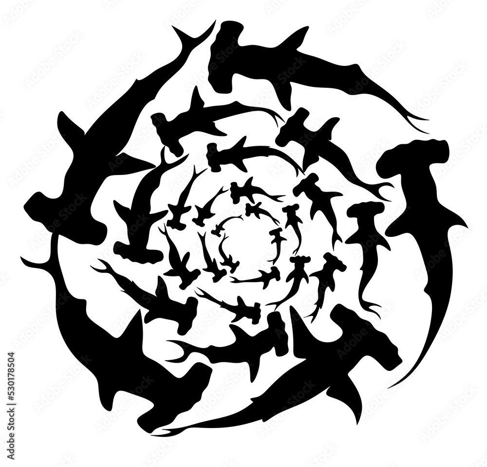Shark silhouette. Illustration of a flock of sharks. Hammerhead shark. - obrazy, fototapety, plakaty 