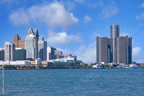 Detroit downtown skyline and waterfront viewed from across the river © Spiroview Inc.