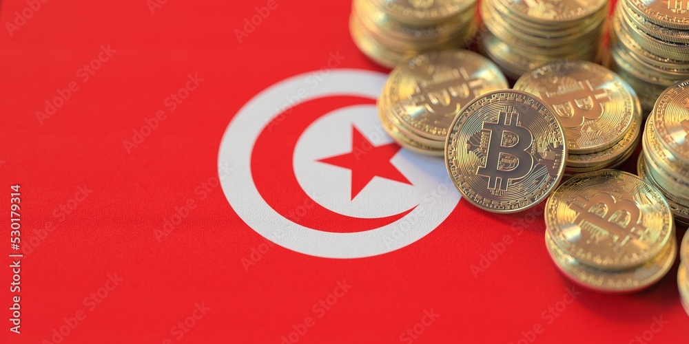 Pile of bitcoins and flag of Tunisia. National cryptocurrency regulations conceptual 3d rendering