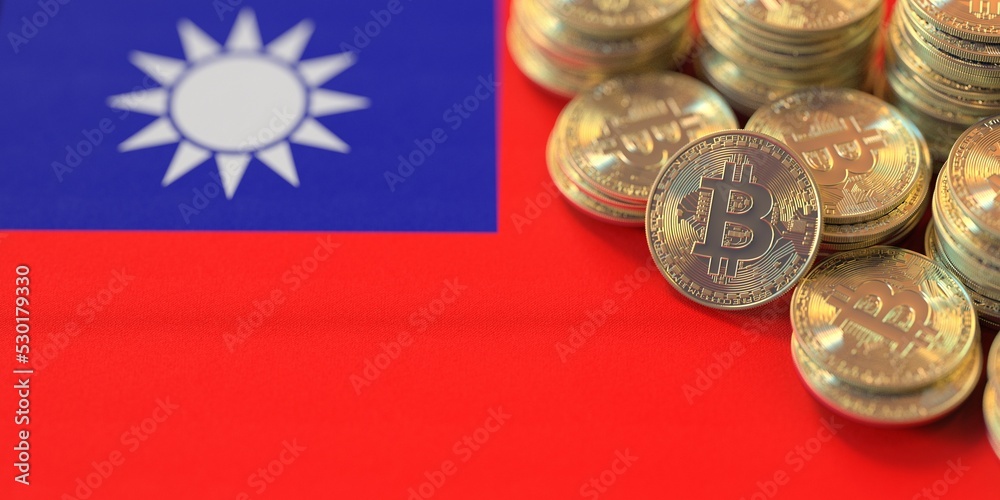 Many bitcoins and national flag of Taiwan, cryptocurrency laws related conceptual 3d rendering