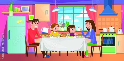 Happy family eating at home at the kitchen table. Family meal on a holiday. Mother, father, daughter and son enjoying a freshly cooked meal. Kitchen interior. Cartoon style vector illustration.