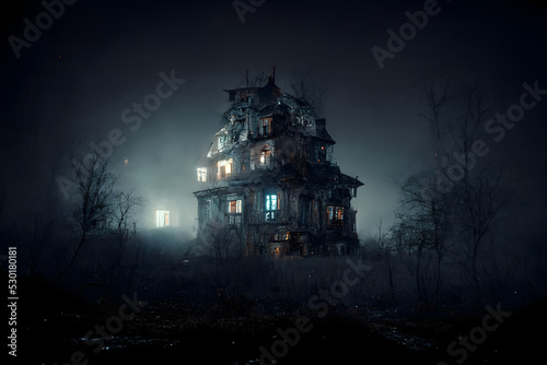 dark haunted house with illuminated windows at spooky misty dark halloween night, neural network generated art. Digitally generated image. Not based on any actual scene or pattern.