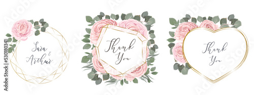 Vector Floral Collection. Set of gold frames with pink roses and green leaves. Eucalyptus, green plants and flowers 