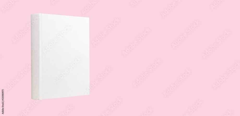 Banner with book mockup on pink background. Novel, encyclopedia, code template with empty cover. Reading leisure, education, romantic literature concept. Place for text