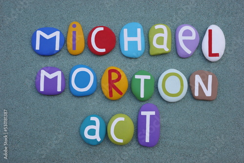 Michael Morton Act, Texas law text composed with multi colored stone letters over green sand