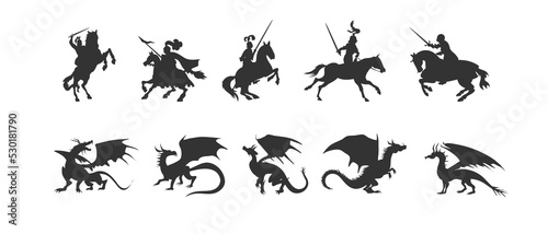 knight and dragon fight silhouette. Medieval battle outlines. © Yanka