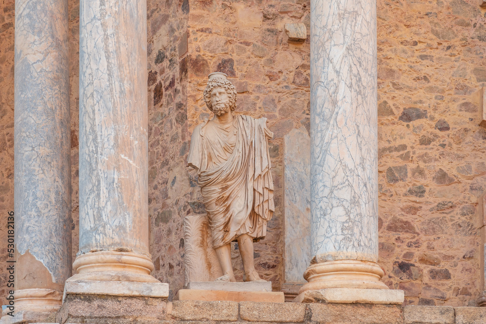 Roman Ruins of Merida, precious sculpture of the Roman Theater. Extremadura, Spain