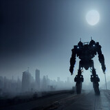 A giant robot looms menacingly over city skyline