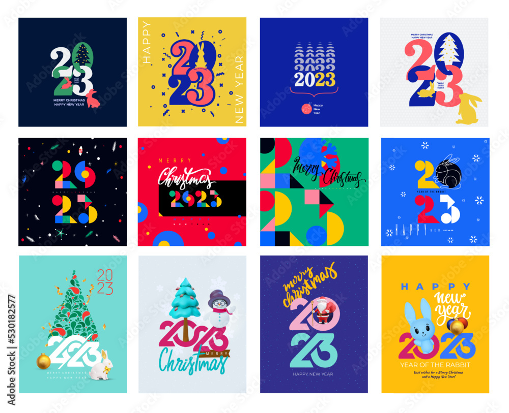 2023 Happy New Year posters. Design templates with typography logo 2023 for celebration, creative concept big set. Minimalistic vector trendy backgrounds for banner, cover, card, year of the rabbit.