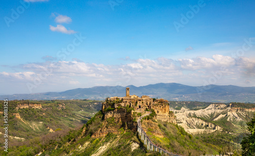 Panoramic aerial view of Civita di Bagnoregio with a view of the Calanchi Valley, Lazio, Bagnoregio, province of Viterbo.The most beautiful villages in Italy.The dying city