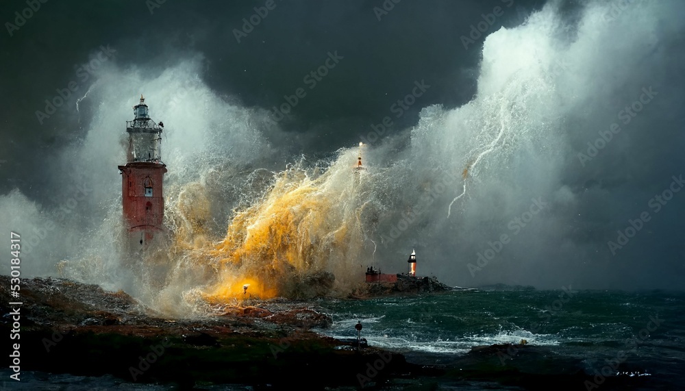 Closeup of A weathered Lighthouse, A massive splash, an explosion of water, a violent sea, lightning, stormy environment. - obrazy, fototapety, plakaty 