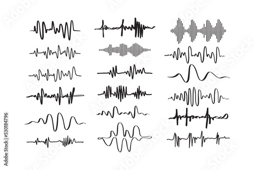 Sound waves. Doodle audio frequency, radio signal, voice line waveform, volume music level symbol