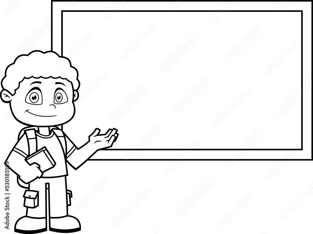 Outlined School Boy Cartoon Character With Textbooks Pointing To Chalk Board. Vector Hand Drawn Illustration Isolated On Transparent Background Outlined School Boy Cartoon Character With Textbooks Pointing To Chalk Board. Vector Hand Drawn Illustration Isolated On Transparent Background