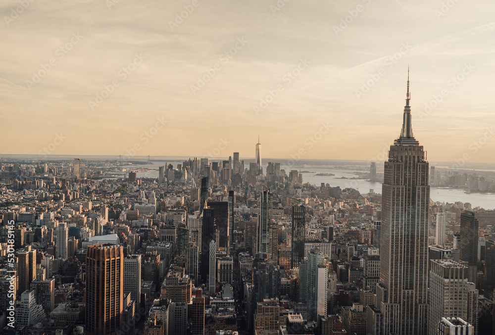 city skyline views Manhattan New York state cityscape sunset