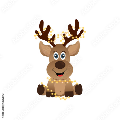 A small deer in a garland is isolated on a white background. cartoon style hand drawn