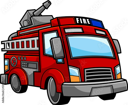 Cartoon Red Fire Truck Car. Vector Hand Drawn Illustration Isolated On Transparent Background