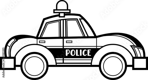 Outlined Cartoon Police Car. Vector Hand Drawn Illustration Isolated On Transparent Background