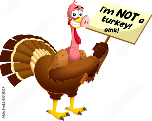 Scared Turkey Cartoon Characters Masked As A Pig Holds A Sign With An InScription. Vector Illustration Flat Design Isolated On Transparent Background