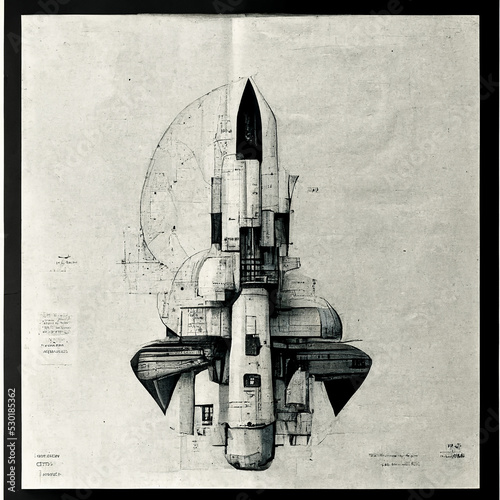 Science Fiction posters of space stations as mechanical drawings photo