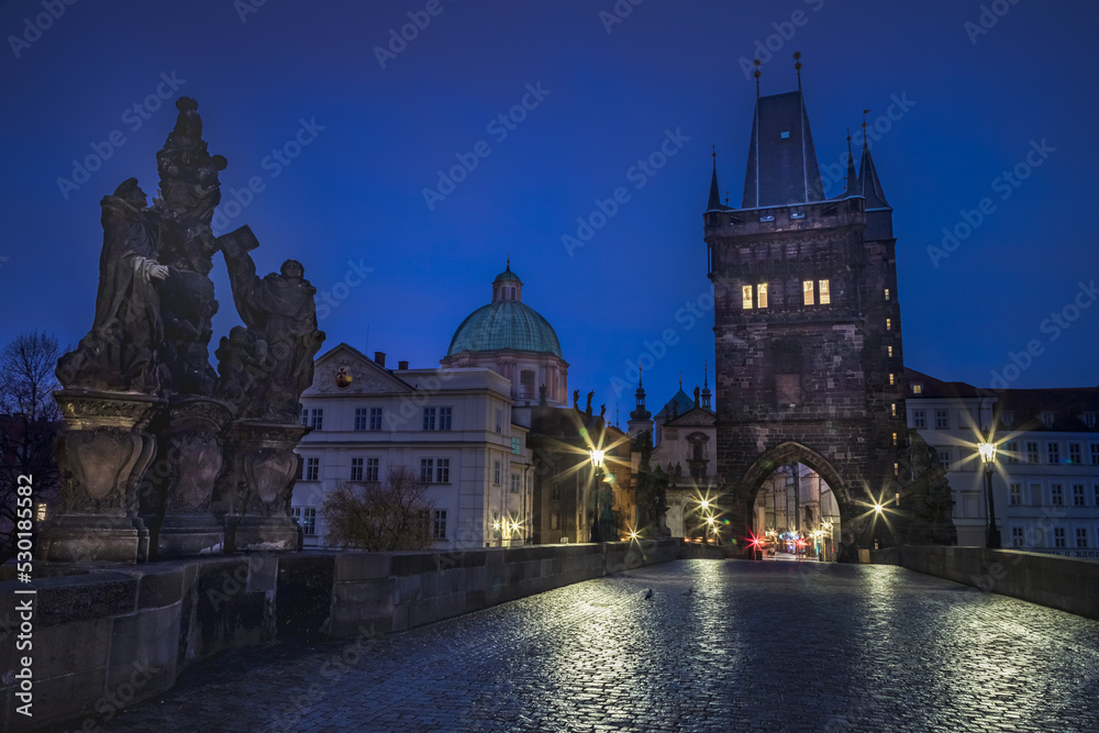 Charles bridge illuminated at night, Medieval Prague, Czech Republic