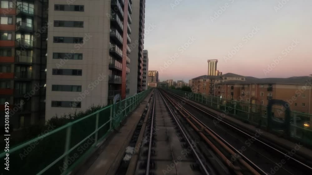 A hyperlapse style overhead train ride around a big city (London). A hyperlapse style overhead train ride around a big city (London).