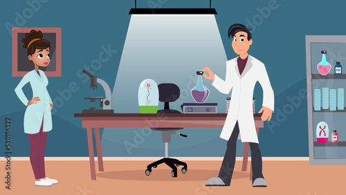 Cartoon scientists running experiments in the laboratory