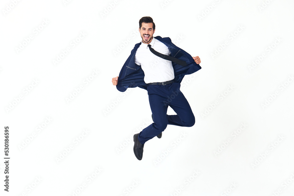 Man business smile with teeth in costume running and jumping flying up open mouth happiness and surprise full-length on white isolated background copy space 