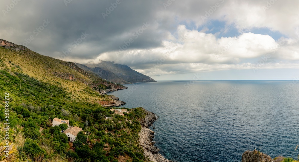 San Vito Lo Capo, Sicily - July 8, 2020: View from the coastal path of the Zingaro Natural Park, between San Vito lo Capo and Scopello, province of Trapani, Sicily, Italy