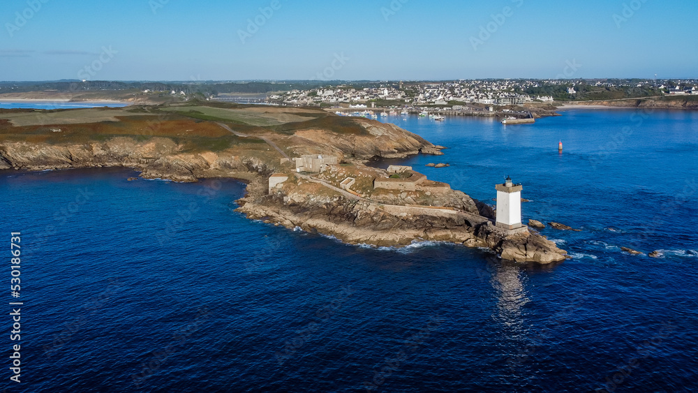 Aerial view of the lighthouse of Kermorvan west of Brest in Brittany, France - Square tower built at the end of a rocky cape facing the Atlantic Ocean