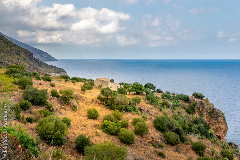 San Vito Lo Capo, Sicily - July 8, 2020: View from the coastal path of the Zingaro Natural Park, between San Vito lo Capo and Scopello, province of Trapani, Sicily, Italy