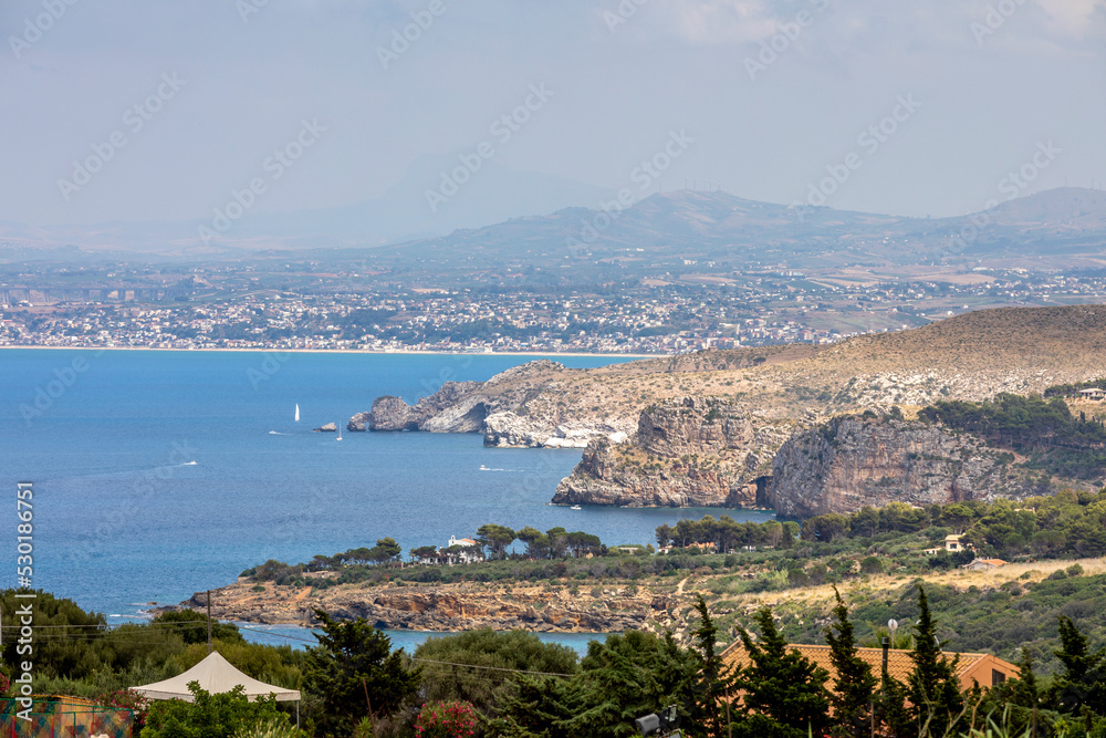 San Vito Lo Capo, Sicily - July 8, 2020: View from the coastal path of the Zingaro Natural Park, between San Vito lo Capo and Scopello, province of Trapani, Sicily, Italy