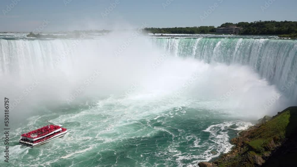 Locked-off shot of Niagara Falls showing tour boat approaching the famous Horseshoe waterfall on the border of US and Canada.