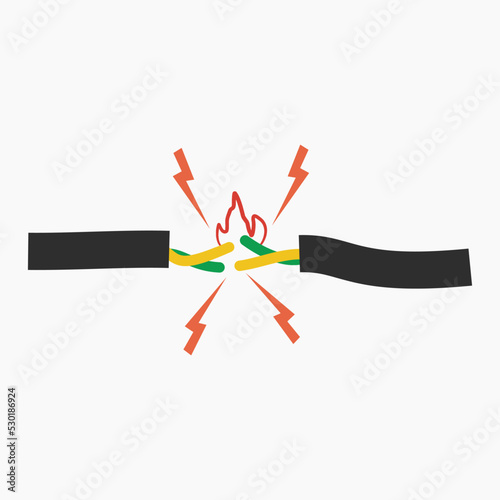 Short circuit electrical cable with fire and sparks