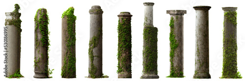 Foto set of antique columns, collection of overgrown pillars isolated on white backgr