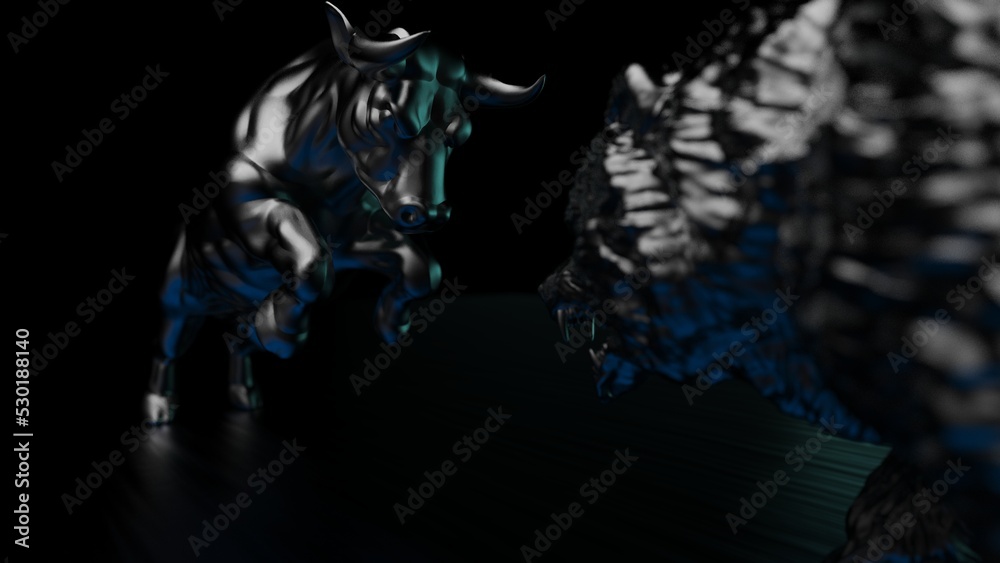Black painted bull and bear sculpture staring at each other in dramatic contrasting light representing financial market trends under green-black background. Concept images of stock market. 3D CG. Black painted bull and bear sculpture staring at each other in dramatic contrasting light representing financial market trends under green-black background. Concept images of stock market. 3D CG.