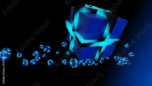 Blue illuminated dark blue cubes under black-blue background. Block chain network technology concept illustration. 3D illustration. 3D CG. 3D high quality rendering. 