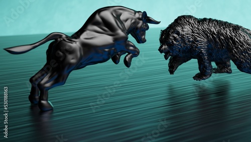 Black painted bull and bear sculpture staring at each other in dramatic contrasting light representing financial market trends under green-black background. Concept images of stock market. 3D CG.