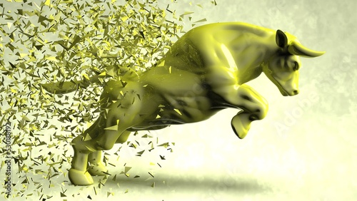 Yellow painted bull with red particles in dramatic contrasting light representing financial market trends under black-yellow background. Concept 3D CG of stock market.