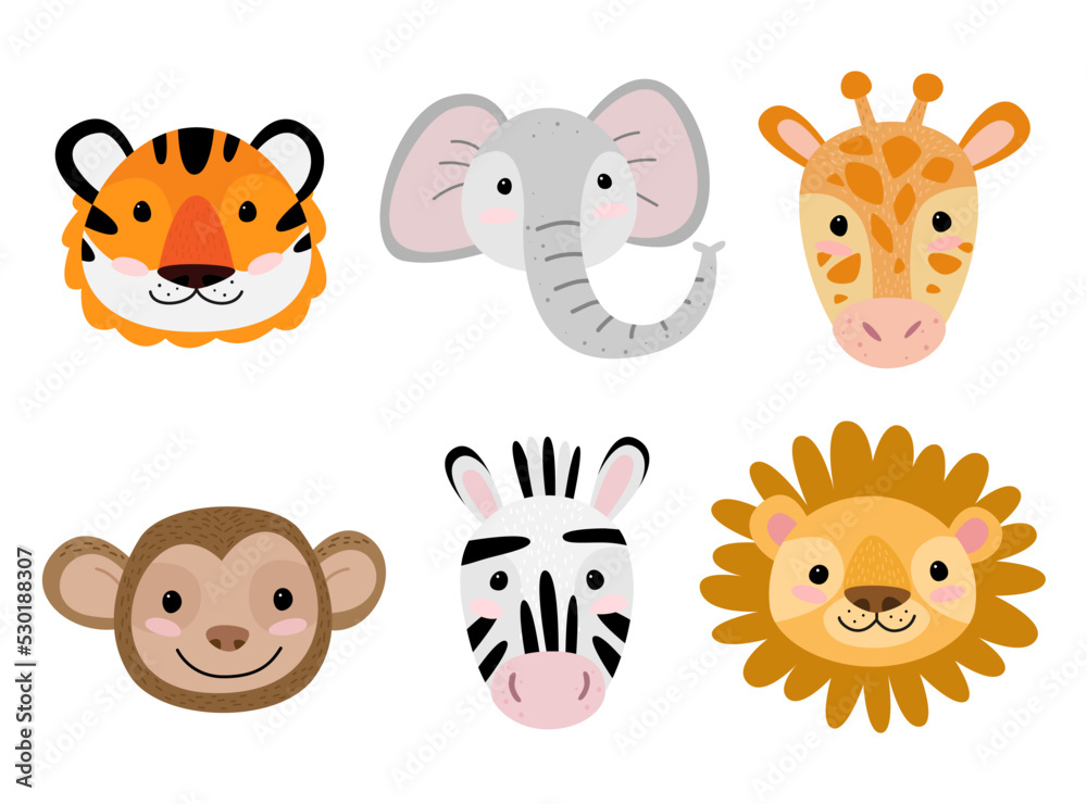 Cute animal face characters set in cartoon style. African animals Giraffe, monkey lion, elephant and zebra. isolated vector.
