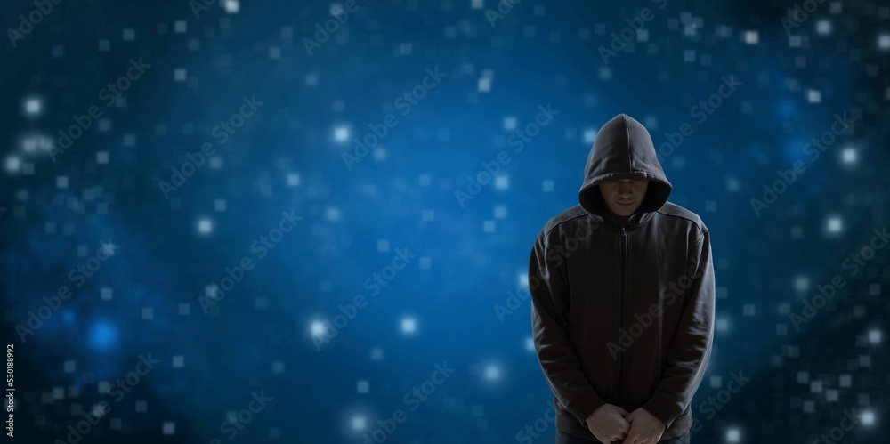 Silhouette of man in hoody on space and stars background Silhouette of man in hoody on space and stars background