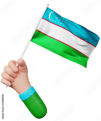 3d cartoon hand holding uzbekistan flag