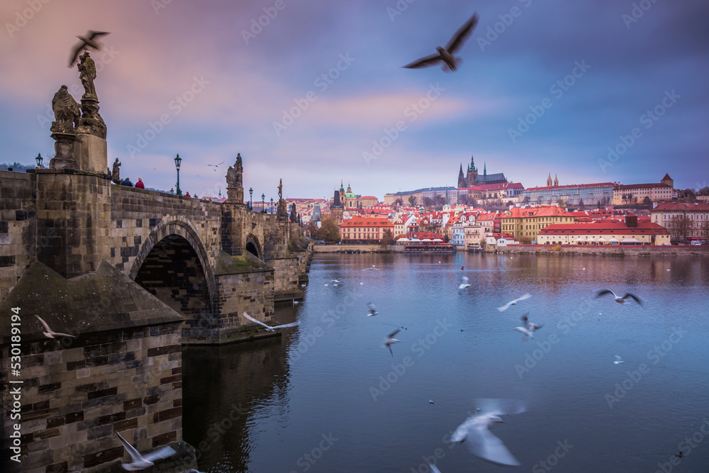 Charles bridge at dramatic evening with doves, Medieval Prague, Czech Republic