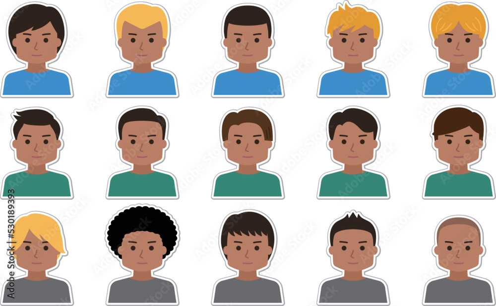 Sticker set of man cartoon icon faces. Vector illustration isolated on transparent background. Sticker set of man cartoon icon faces. Vector illustration isolated on transparent background.